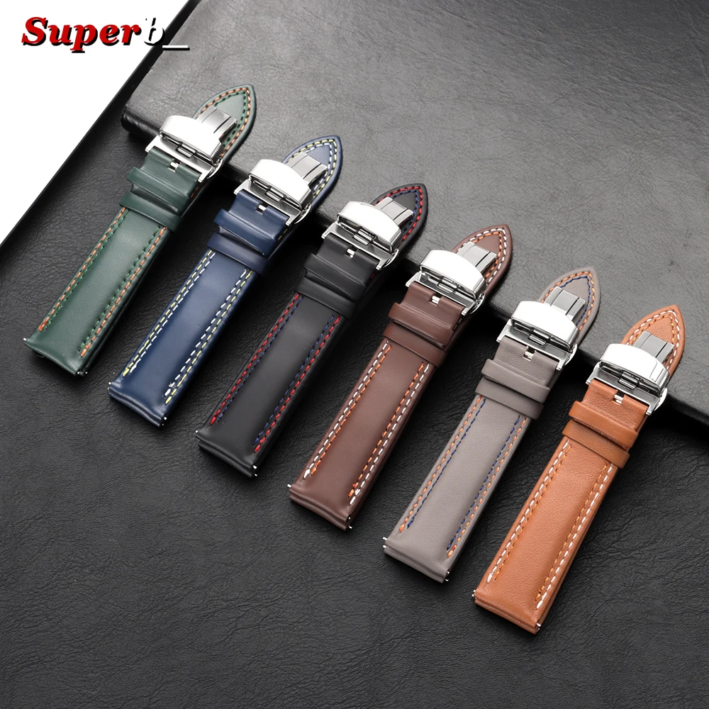 Premium Genuine Calfskin Leather Watch Strap with Butterfly Buckle and Dual Stitching