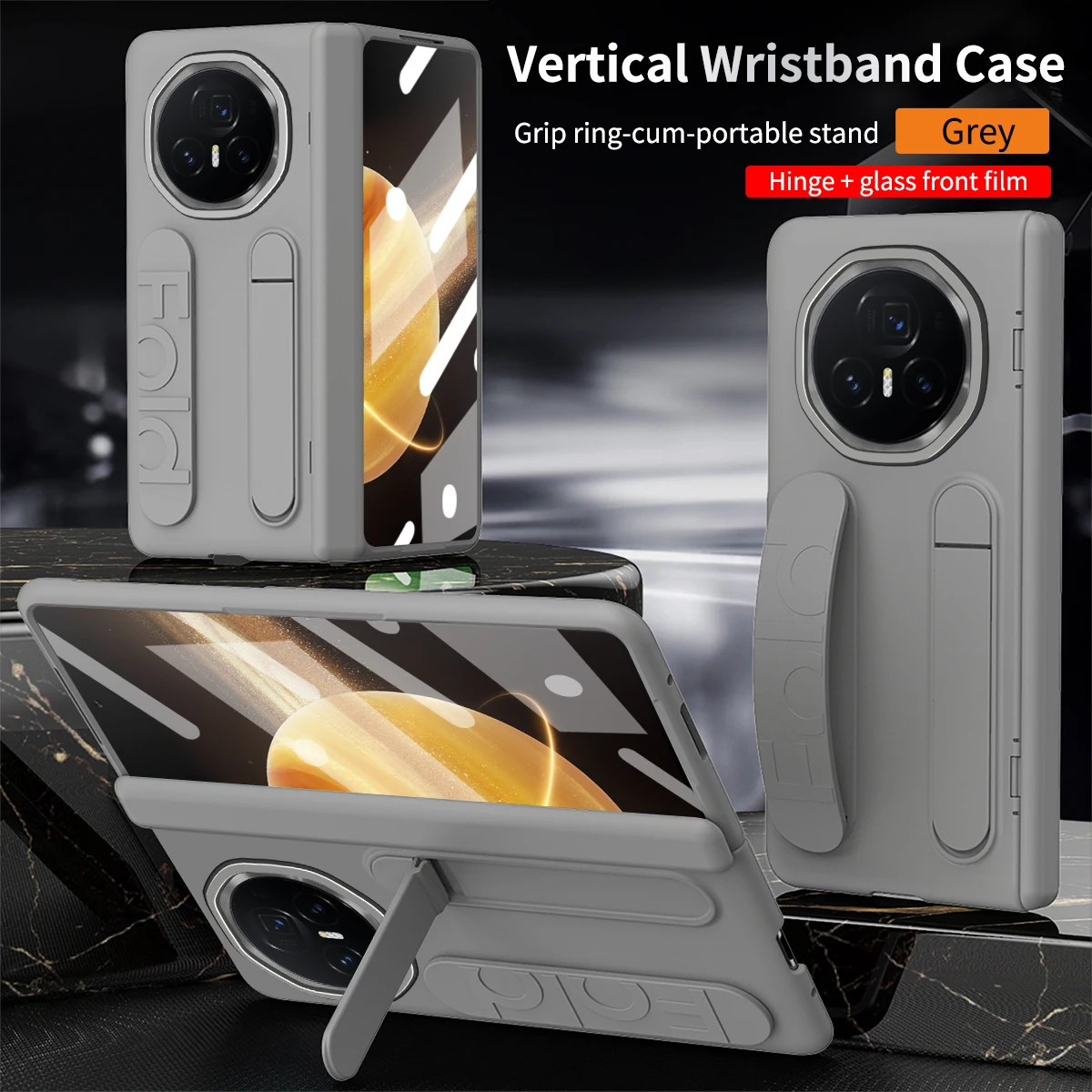 For Honor Magic V3 Silicone Fabric 3-in-1 Protective Phone Case with Wristband and Stand