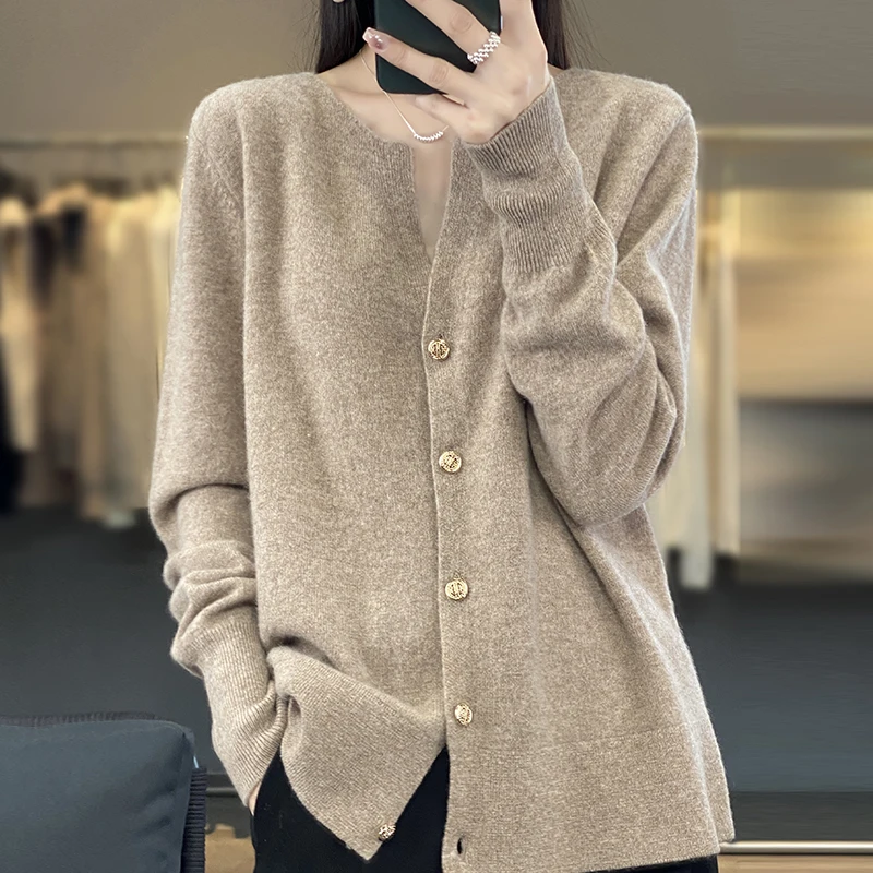 

2023 Spring and Autumn New Rolled Collar Worsted 100% Pure Wool Knitted Cardigan Women's Loose Versatile Sweater Thin Sweater
