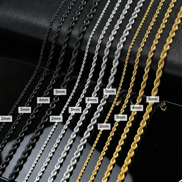 Ropes Long Necklace for Men Women,Stainless Steel Gold Color Twisted Rope Chain Collar,2/3/4/5mm Punk Basic Waterproof Jewelry