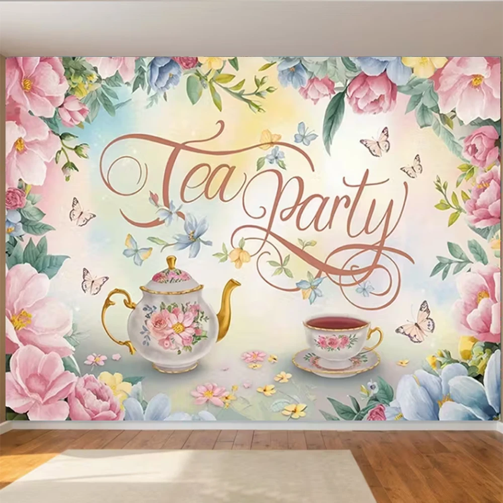 רקע למסיבת תה פרחונית וינטאג' ילדה חמודה אישה אלגנטית רקע ליומולדת עיצוב צילום תפאורה למסיבת ילדים