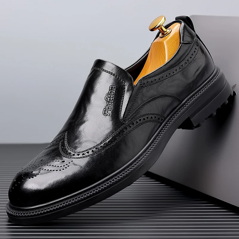 Men's business genuine leather shoes, British retro carved block shoe covers, wearing flat shoes, designer Oxford dress shoes