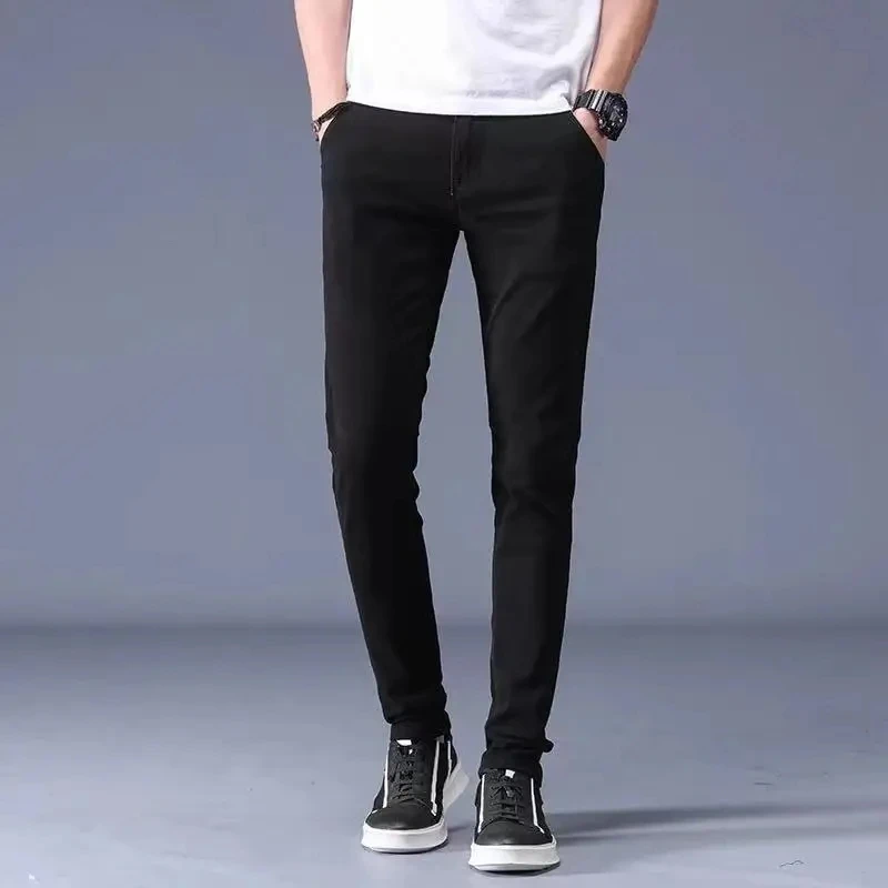 Spring Summer Mens Casual Straight Pants 98% Cotton Solid Color Stretch Slim Fit Work Pants All-match Fashion Mens Trousers