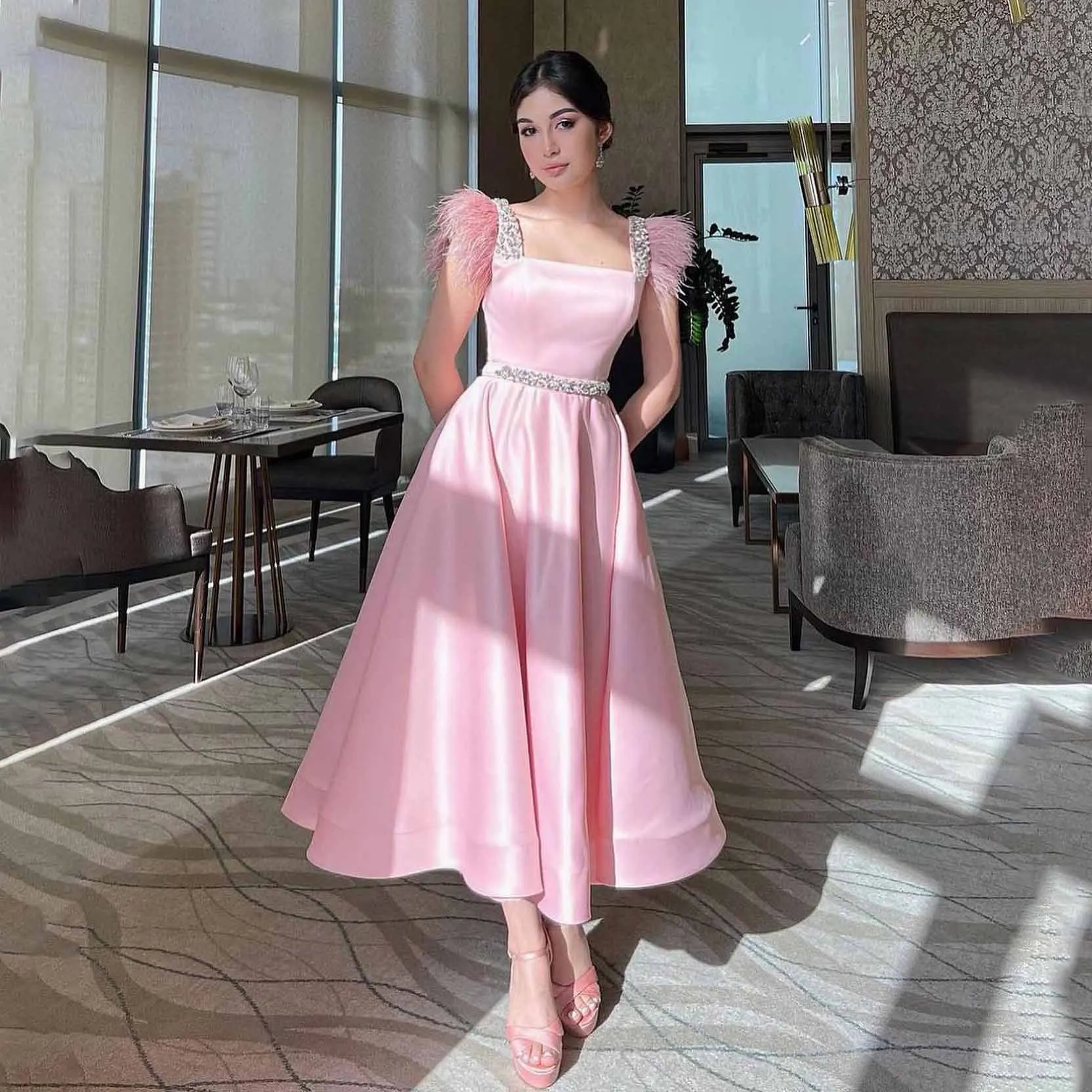 

OEING Square Collar Luxury Formal Evening Dresses Beading Sleeveless فساتين سهرة Ankle Length Elegant Prom Growns Party Women