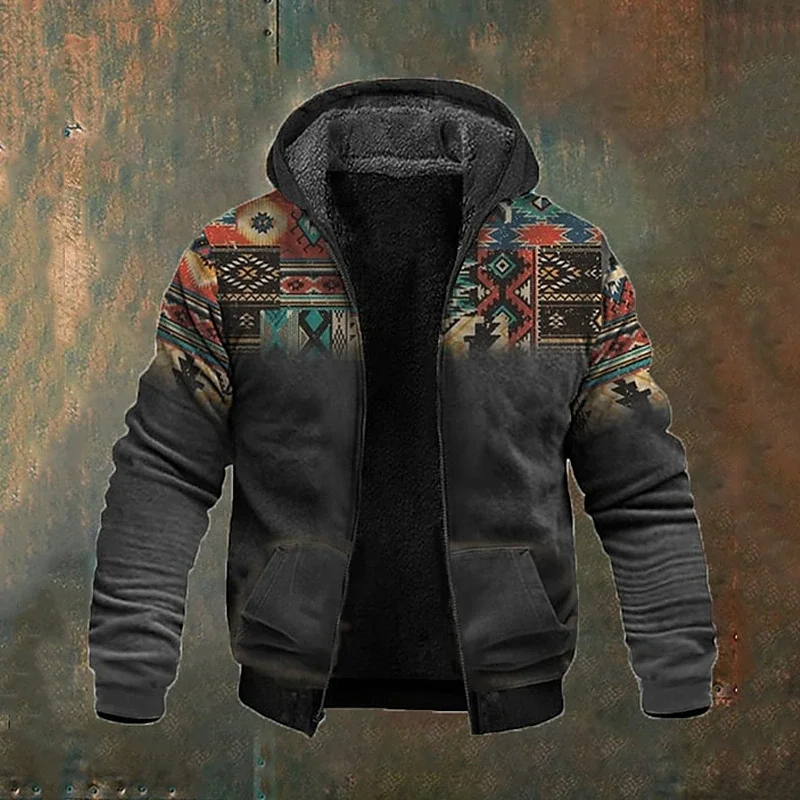 Winter Men's Zip-up Hoodies Long Sleeve Fleece Parka Coat Ethnic Tribal Graphics Sweatshirts Outerwear Jackets Street Overcoat