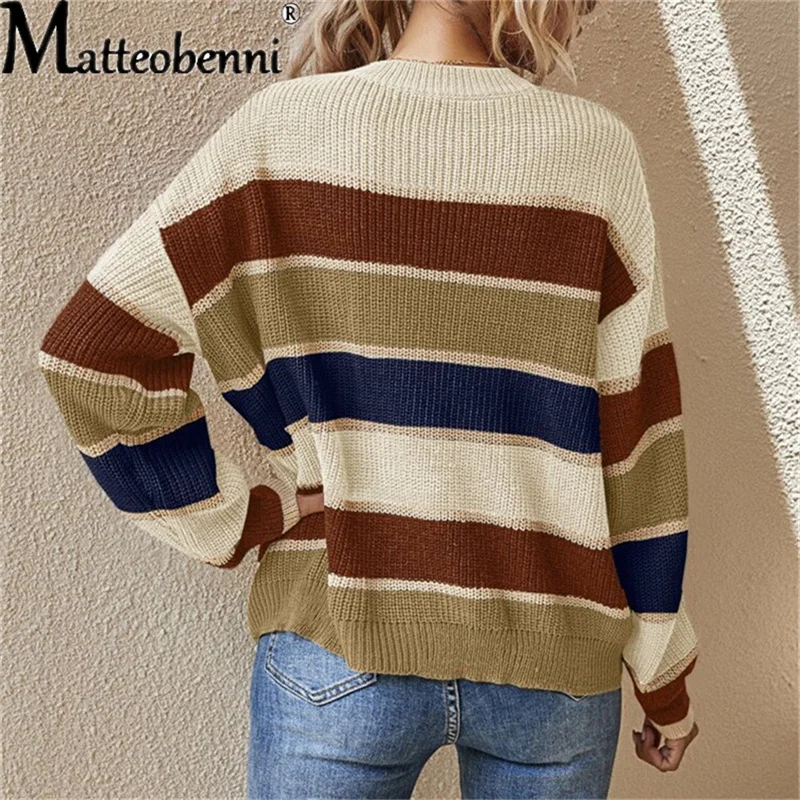 2022 Autumn New Round Neck Women's Contrast Striped Pullover Ladies Long-Sleeve Loose Comfortable Urban Casual Versatile Sweater