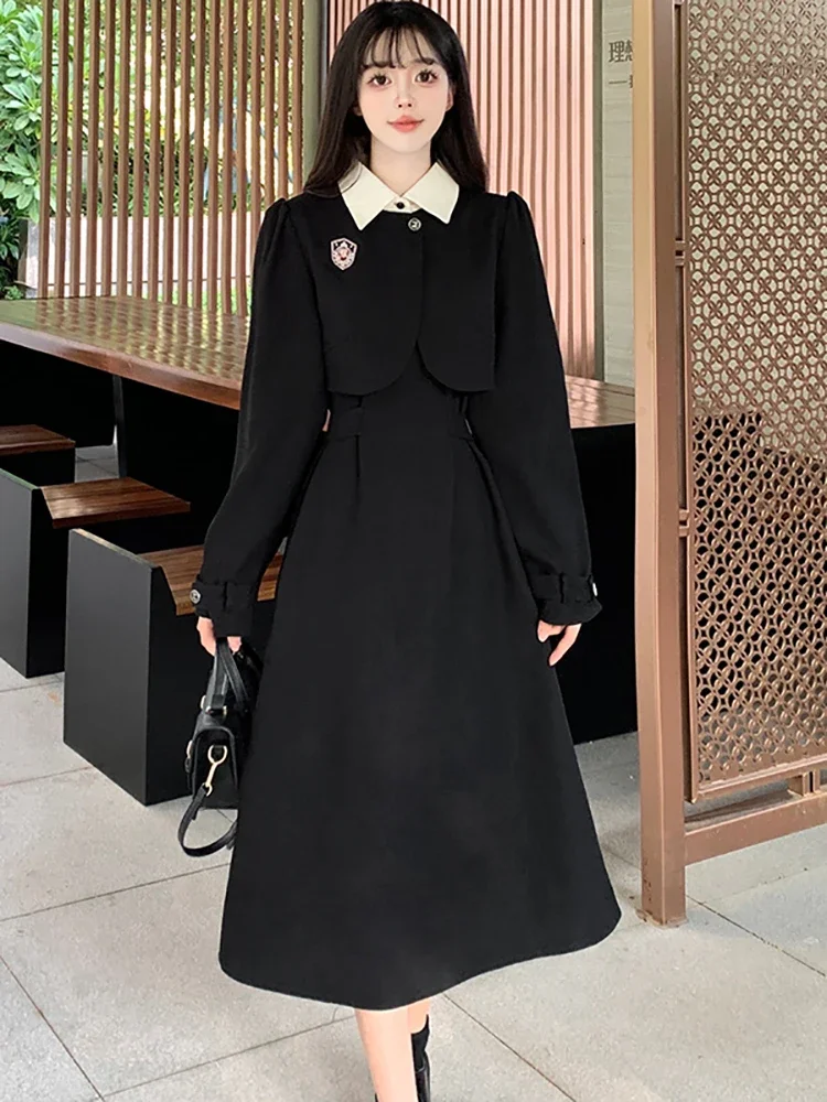 

2023 Black Fake Two Piece Preppy Style Casual Long Dress Autumn Winter Elegant Chic Vestidos Women Korean Vintage Bodycon Dress