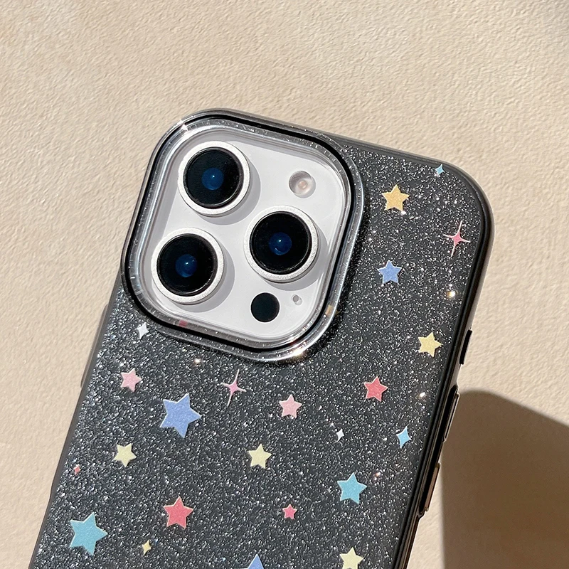 Fashion Colorful Stars Bling Glitter Back Phone Case For iPhone 16 Pro Max 15 13 14 Shockproof Cover Shell