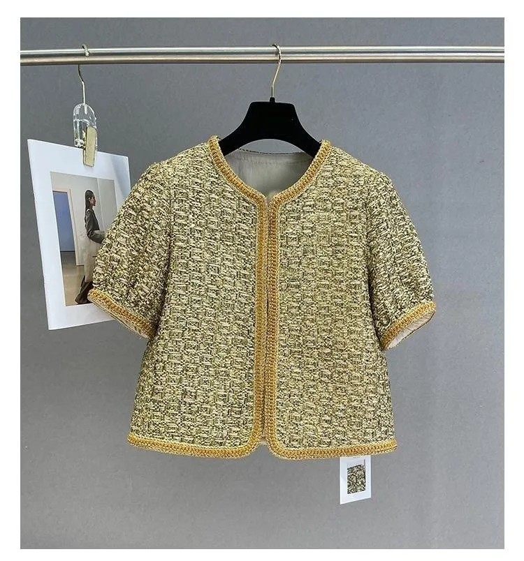 2023 Spring Brand New Designer Women's High Quality Gold Color Plaid Short-sleeves Tweed Jackets C747