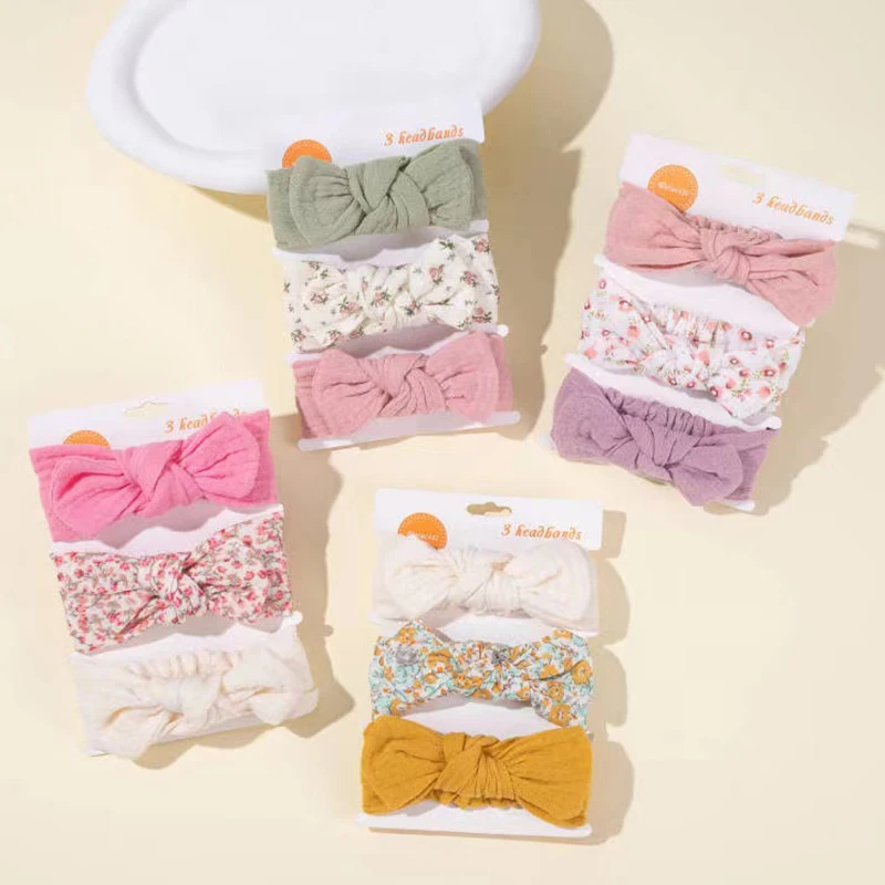 

3Pcs/Set Solid Muslin Cotton Linen Baby Headband Elastic Rabbit Ear Hair Band Infant Girl Turban Headwraps Stretch Accessories