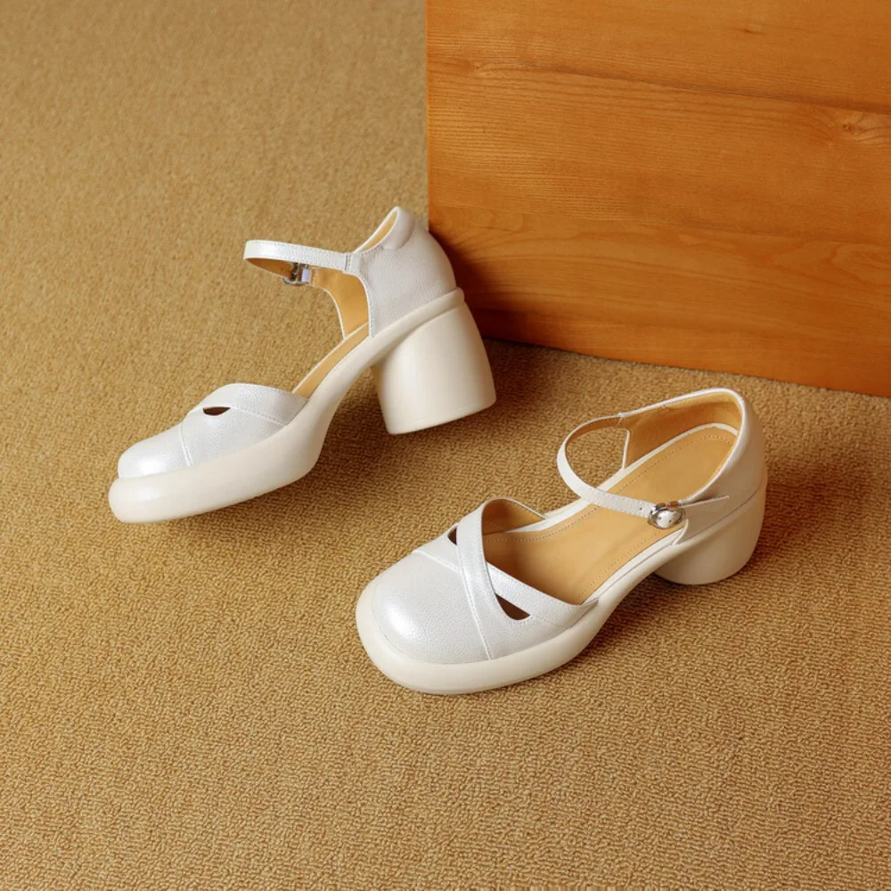 Summer New Genuine Leather Thick Sole Hollow High Heel Shoes for Women's Retro Versatile One Button Headband Thick Heel Sandals