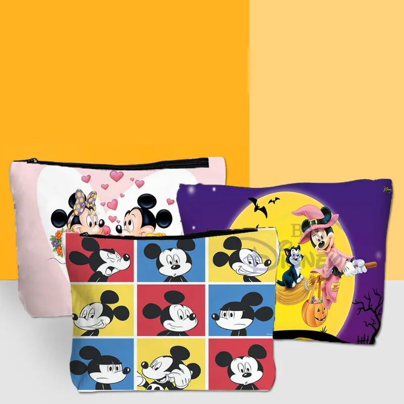 

Disney Mickey Anime Cosmetic Bag Girl Cartoon Portable Canvas Bag Clutches Lady Lipstick Eyeshadow Make Up Mini Storage Bags