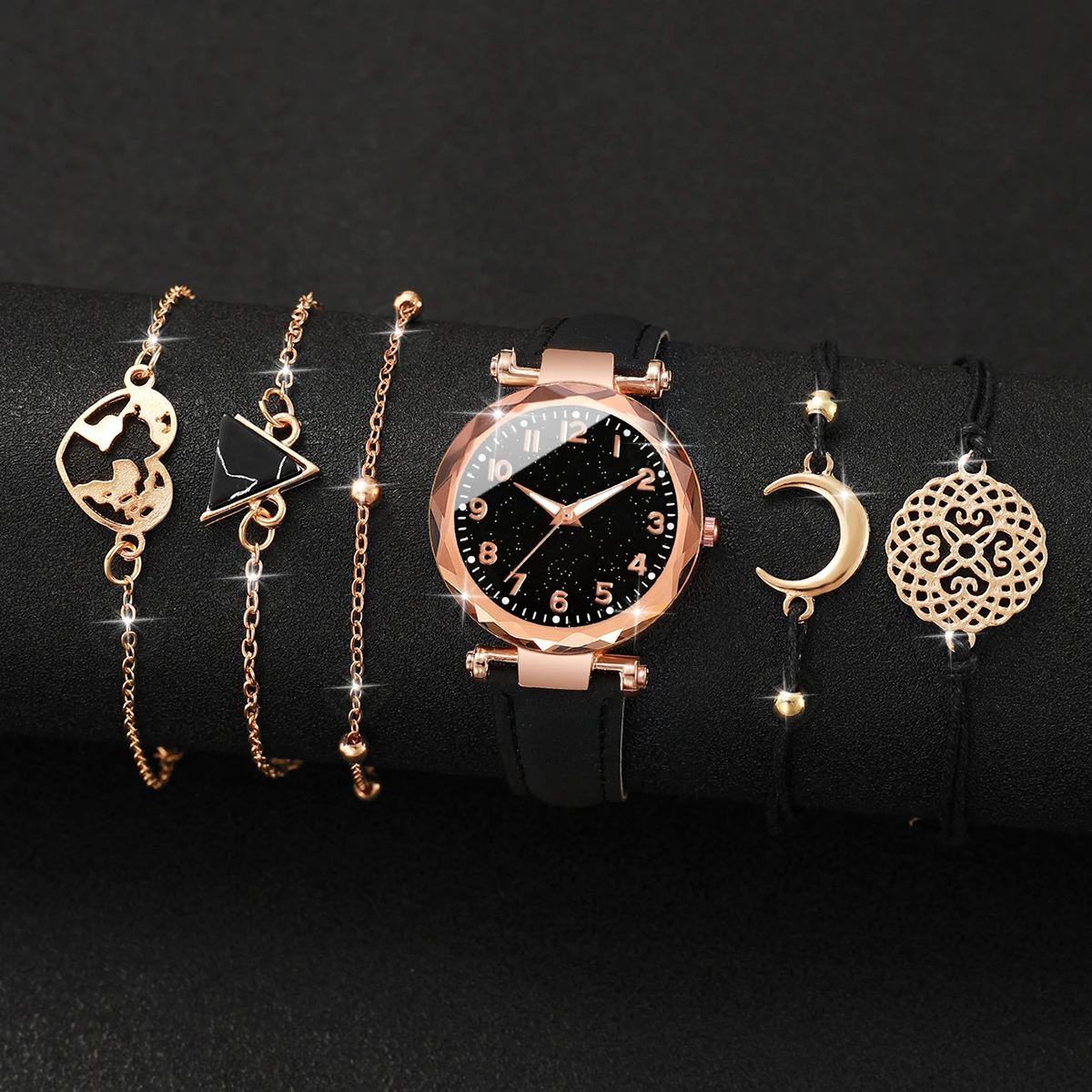 6PCS/Set Women's Watches Fashion Starry Sky Arabic Dial Female Leather Band Quartz Watch Bracelets Set（Without Box） 3