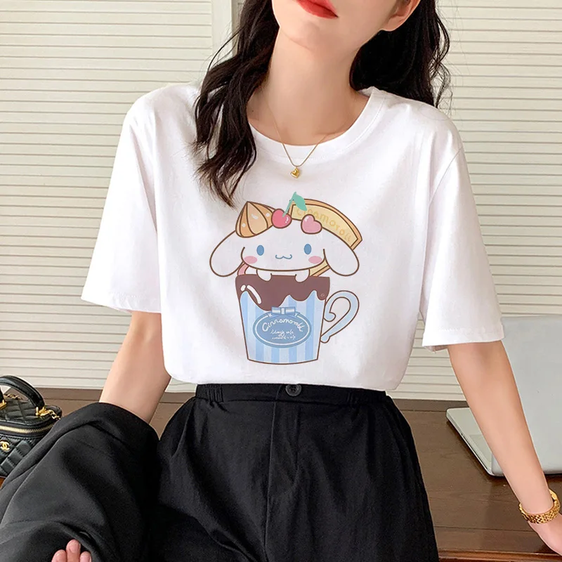 

Women Sanrio Cotton Y2K T-shirts Cinnamoroll Cup T Shirt Anime Top Kawaii Cartoons Casual Clothes Couple Streetwear Short Sleeve