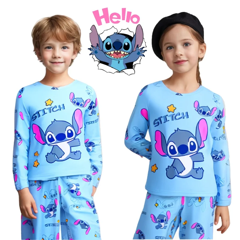 2pcs/set Stitch Homewear Pajamas for Kids Baby Soft Milk Silk Blue Anime Stitch Long Sleeve Sleepwear Sets kids pajamas set kids pajamas pajama sets kids clothing set