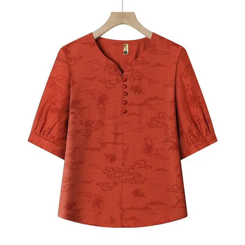 Fashion V-Neck Button Spliced Printed Vintage Blouses Women's Clothing 2025 Summer New Loose All-match Ops Commuter Shirts