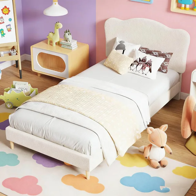 Velvet Upholstered Single Bed Frame 3ft 90x190cm Modern Scalloped Headboard Kids Girls Bed With Wooden Slats Bedroom Furniture 1
