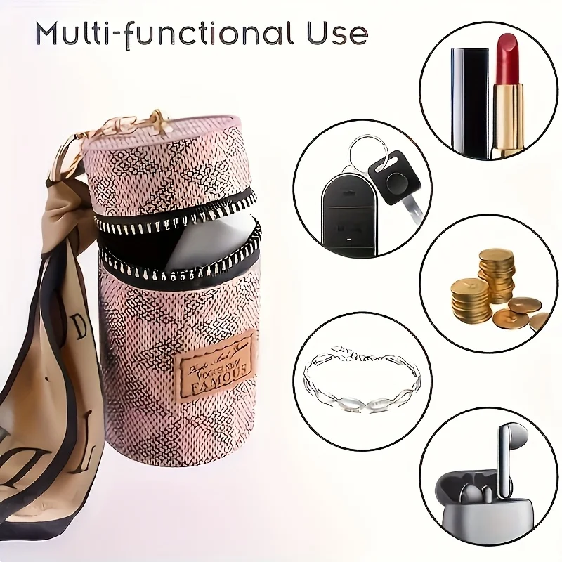 Retro Cylindrical Coin Wallet with Zipper Closure Multifunctional Lipstick Holder Large Capacity Portable for Travel Daily Use