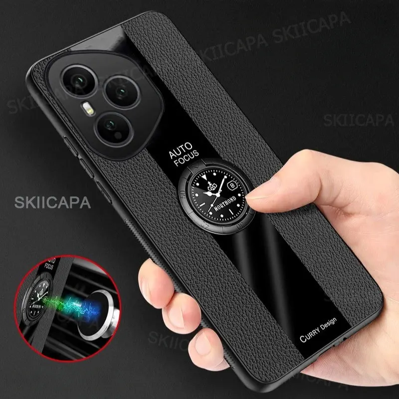 Premium PU Leather Magnetic Ring Holder Phone Case with Silicone Matte Bumper