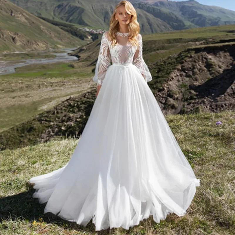 

Elegant Wedding Dress Long Puff Sleeves Scoop Neck Backless Bridal Gown Tulle With Sweep Train Robe De Mariée