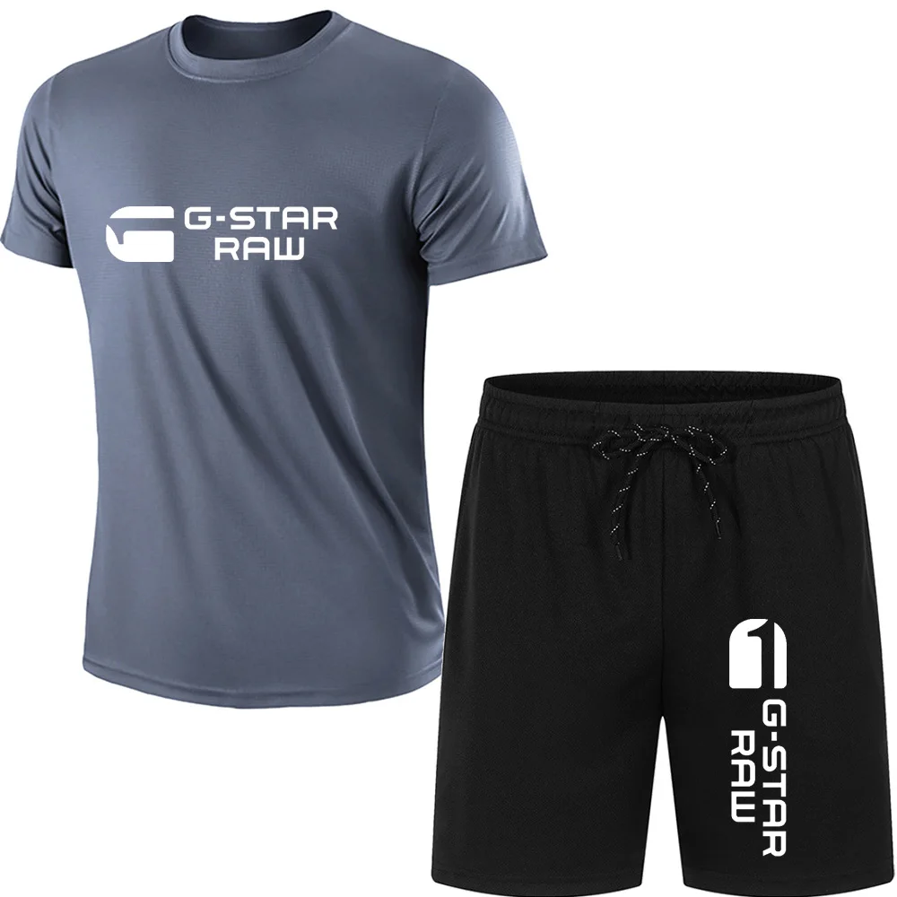 2024 Summer G-STAR RAW Print Men's T-shirts Shorts Set Suit Fashion Leisure Breath Sport Jogging Gym 2pcs Short Sleeve 3