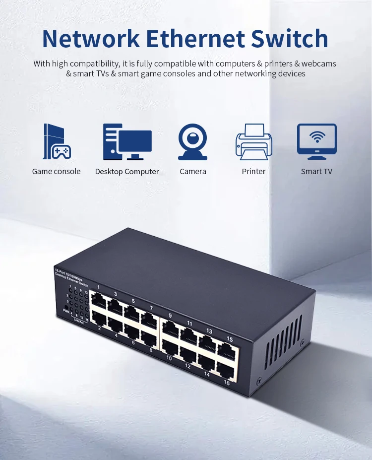 16 Port 100Mbps Gigabit Network Switch Ethernet Smart Switcher High Performance RJ45 Hub Internet Splitter gigabit ethernet switch 10 100 1000mbps 24 port rj45 rack mount network switch