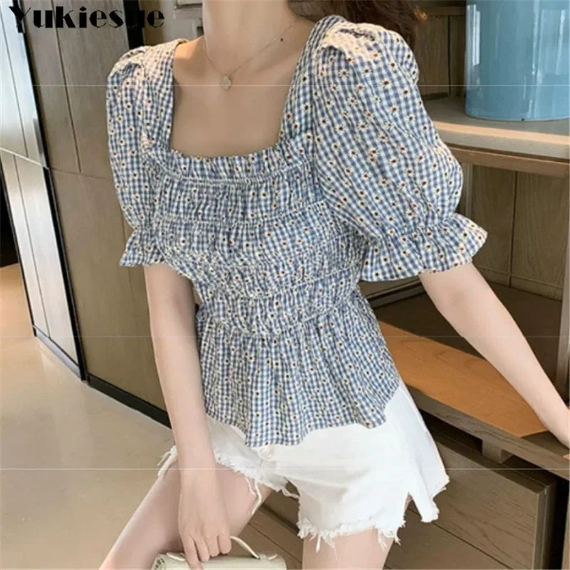 

Women plaid Floral Print Cropped Blouses Women Vintage O Neck short Sleeve Back Elastic Female Shirts Chic Tops clothe