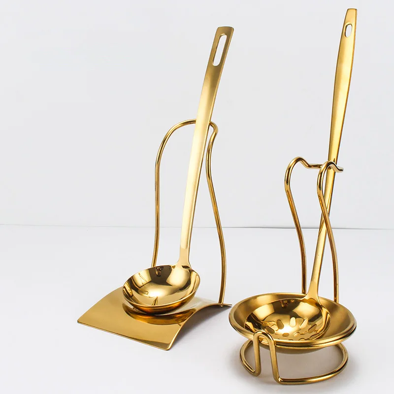 Gold Stainless Steel Food Clip Soup Spoon Colander Cooking Spoon With Storage Stand Seasoning Kitchen Utensils kitchen utensils