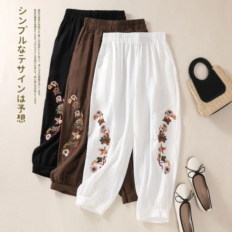 

Plus Size Spring Summer Retro Ethnic Embroidered Bloomers Women's Loose Cotton Linen Leg Sweatpants Casual Cropped Pantalones