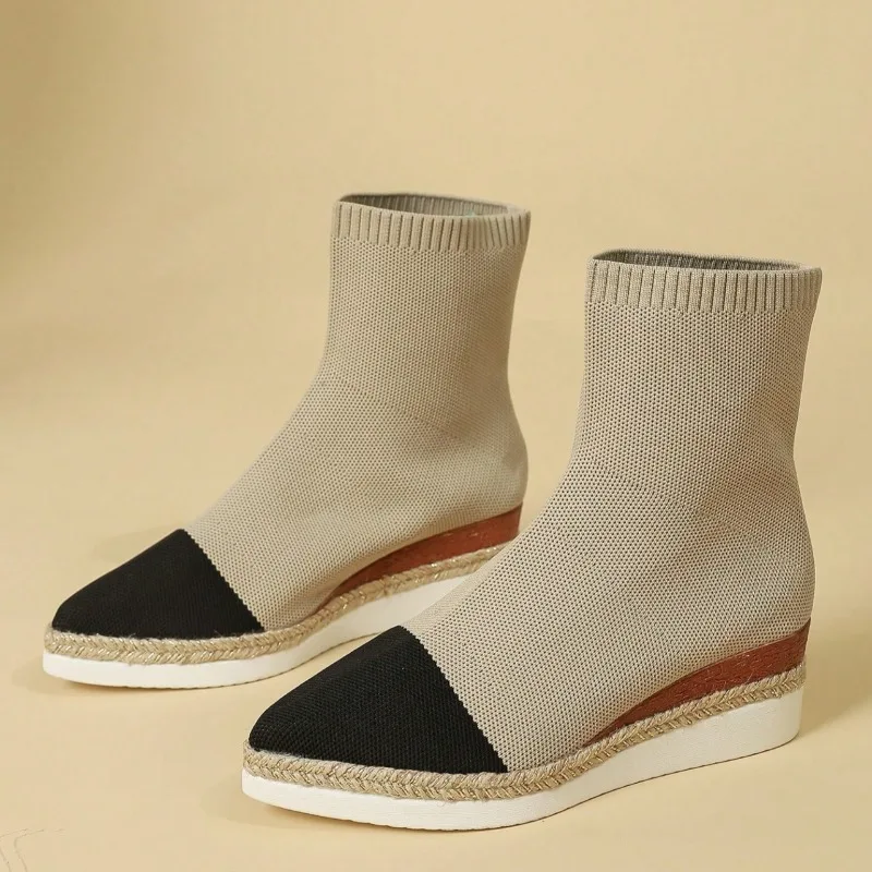 Wedge Sock Boots Fall 2025 New Pointed Toe Knit Breathable Platform Non-Slip Wear-Resistant Stretch Boots