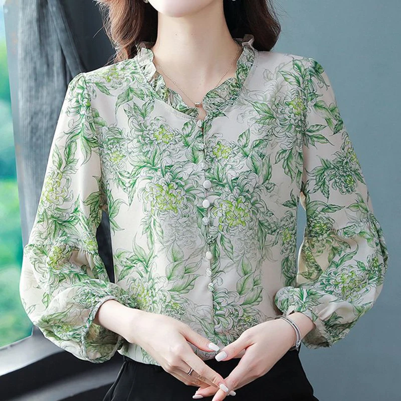 Elegant Female Blouses Floral Print V-neck Thin Puff Three Quarter Sleeve Shirt And Blouses Top Women's Clothing Trend 2024 New