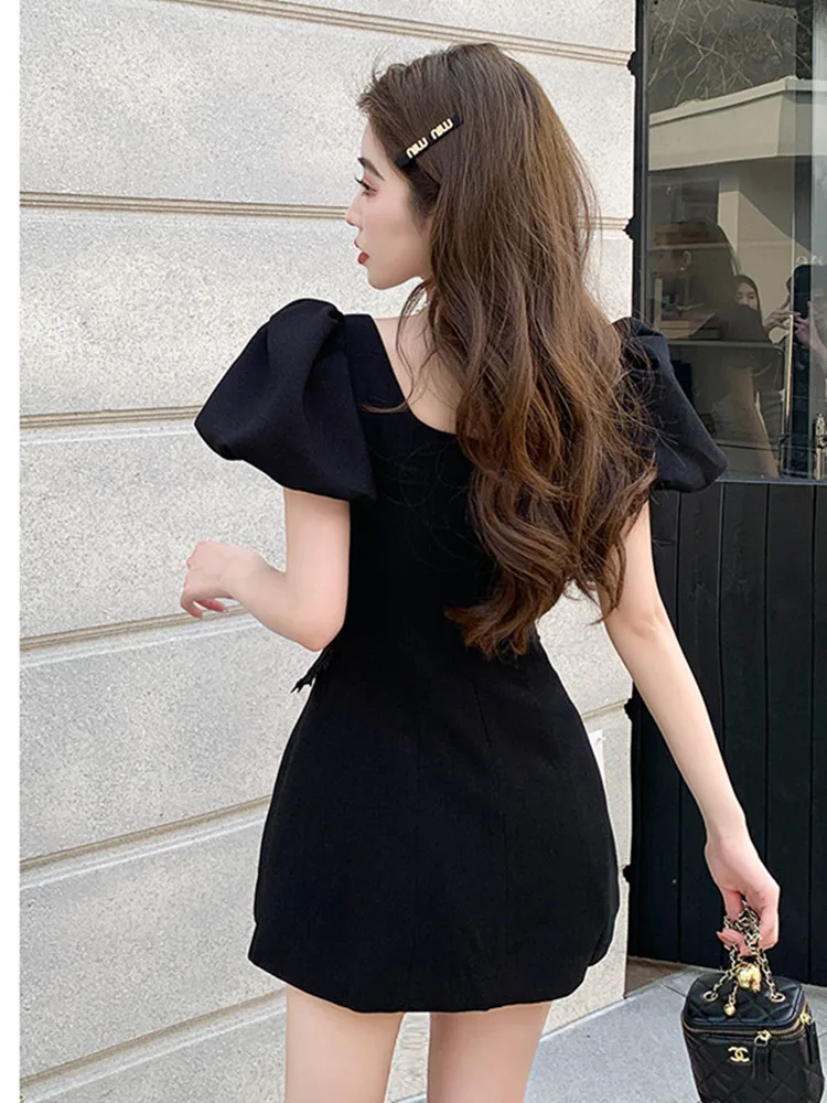 High Quality Tweed Short Black Dresses For Women 2023 Summer New Bubble  sleeve Single-breasted Temperament Vestidos Mini - AliExpress