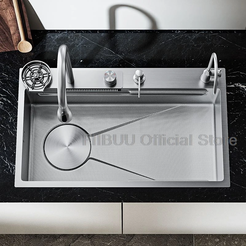 Large Capacity Multifunctional Kitchen Sink Honeycomb Embossing Vegetable Workstation With Waterfall Faucet Drain Accessories