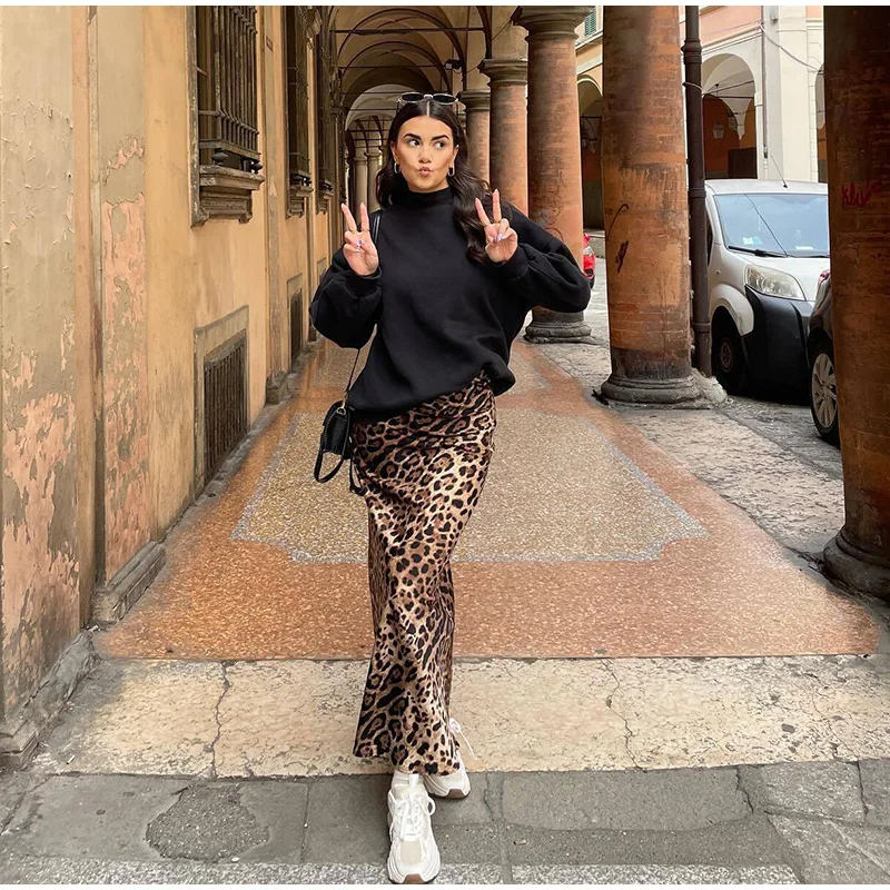 Faldas largas con estampado de leopardo para mujer, elegantes, holgadas, de cintura alta, estilo midi, informales, de verano