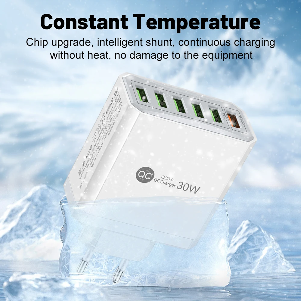 6Port USB Wall Charger EU/US/UK/KR Plug 30W Fast Charging Quick Charge QC3.0 For iPhone Samsung Xiaomi Oppo Mobile Phone Adapter