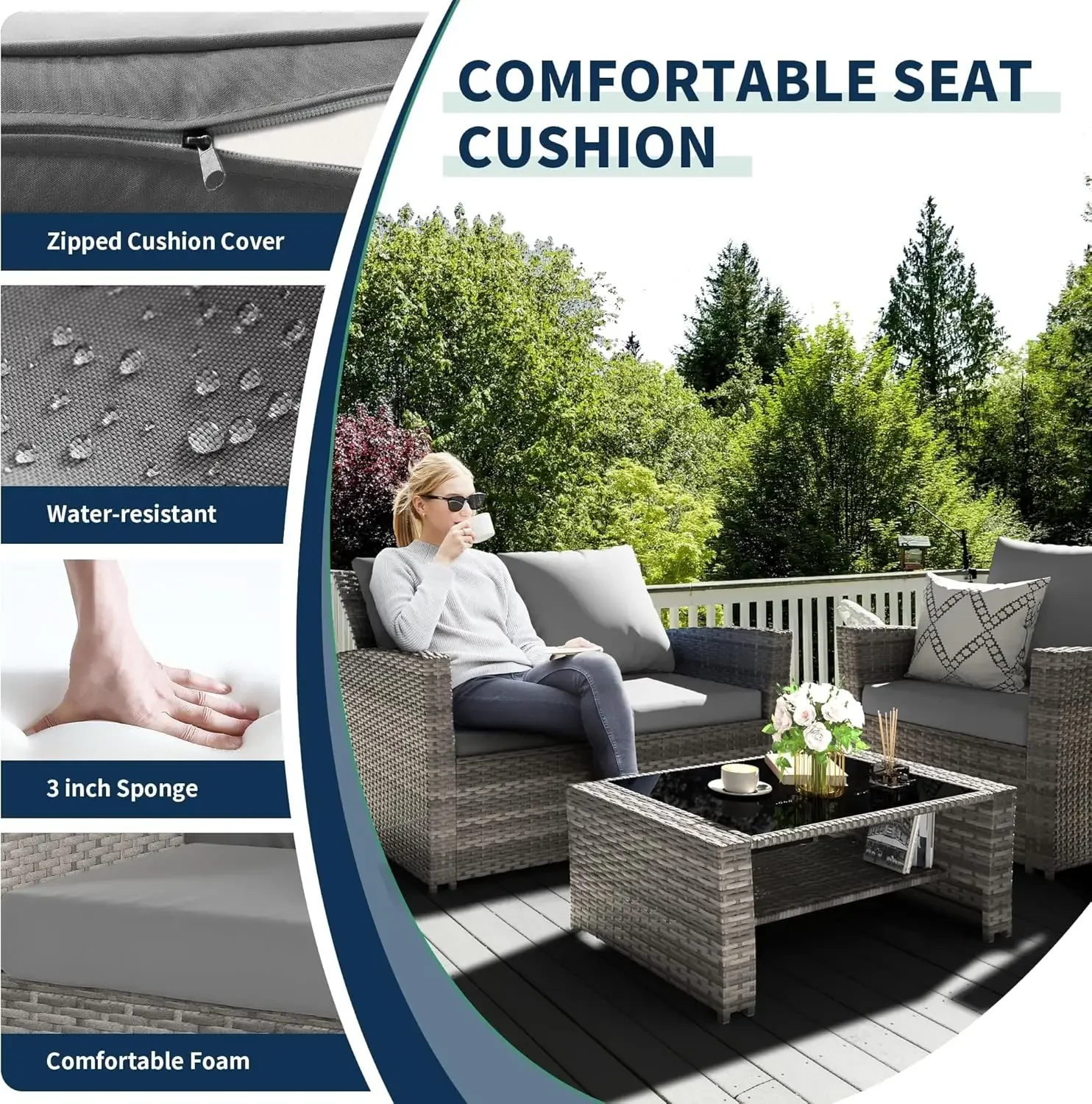 NEW-4-Piece Grey Waterproof PE Wicker Outdoor Sectional Sofa Set with Grey Cushions,All-Weather Patio Furniture for Balcony, Por