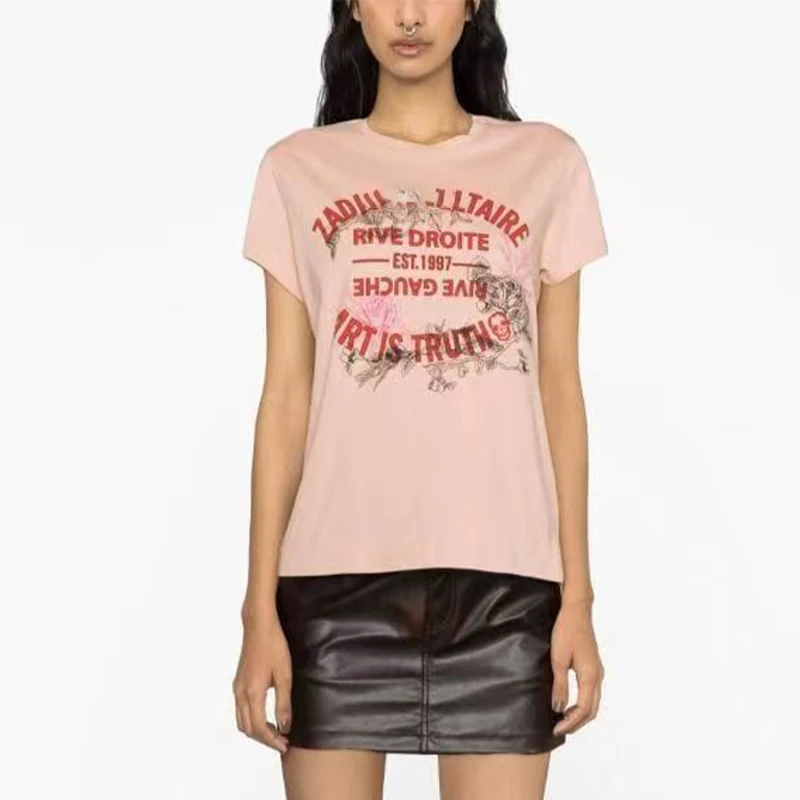 

Повседневные женские футболки Zadig, шикарная модная футболка с круглым вырезом и буквенным принтом, женская розовая футболка с коротким рукавом, пуловер, топы