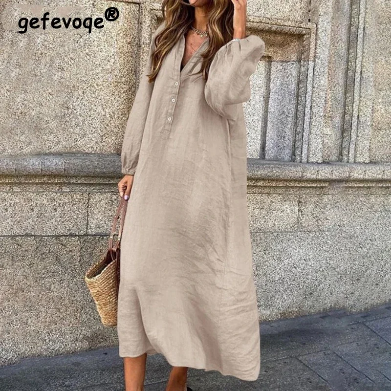 Women Vintage Oversized Streetwear Cotton Linen Shirt Dresses for Women 2023 Spring Autumn Trendy V Neck Long Sleeve Maxi Dress 2021 autumn retro grunge tshirts cotton v neck cute y2k women streetwear casual vintage tops long sleeve chic slim tee