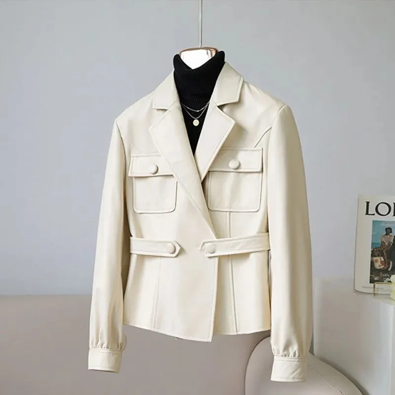 

Демисезонный кожаный пиджак с карманами, Женский блейзер из искусственной кожи, винтажная модная кожаная куртка, женская верхняя одежда, новинка 2024