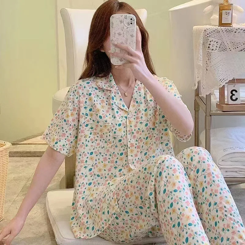 Spring Autumn Women's Milk Silk Pajamas Short Sleeve Cardigan Pants Loose Home Clothing Set Girl Cartoon Sweet Cute Sleepwear