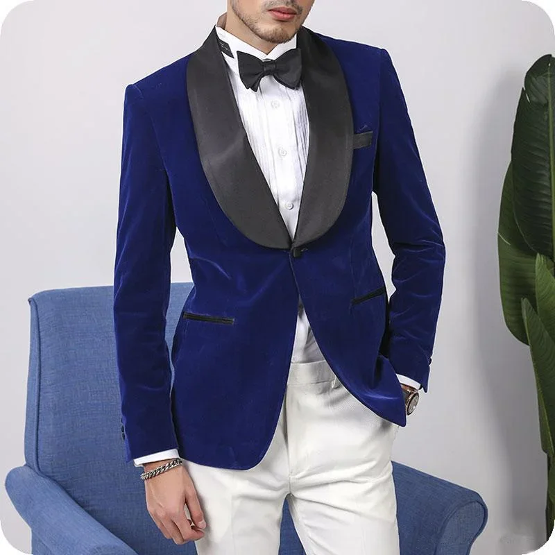 Royal Blue Velvet Wedding Tuxedo for Groom Party Casual Slim Fit Men Suits 2 Pieces Male Fashion White Pants Smoking Blazer