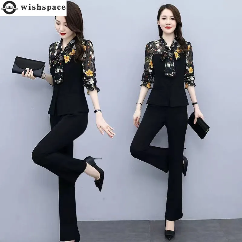 Ruffle Sleeve Hollow Chiffon Patchwork Shirt Top Rest Trousers Two-piece Set Korean Fashionable Elegant Women's Pants Set