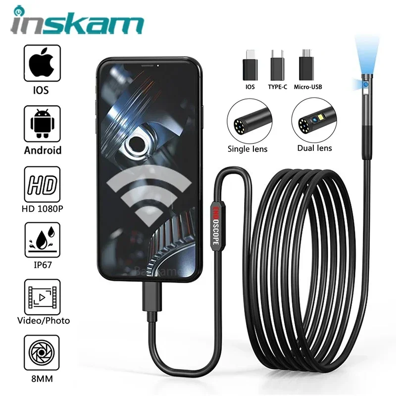 

INSKAM Single/Dual Lens Endoscope Camera IP67 Waterproof Pipeline Inspection Borescope 8MM Lens Car Sewer For IOS Android USB-C