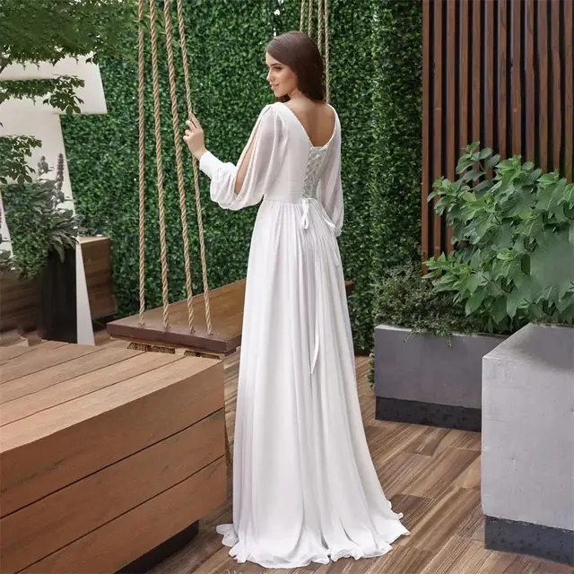 Vネック パフスリーブ シフォン Aライン ウェディングドレス 楽天市場