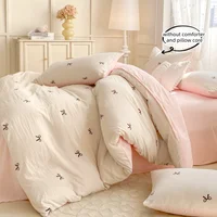 Ensemble de draps 3 pièces, housse de couette brodée avec nœud papillon rose, ensemble de literie confortable, couvre-lit pour toutes les saisons 4
