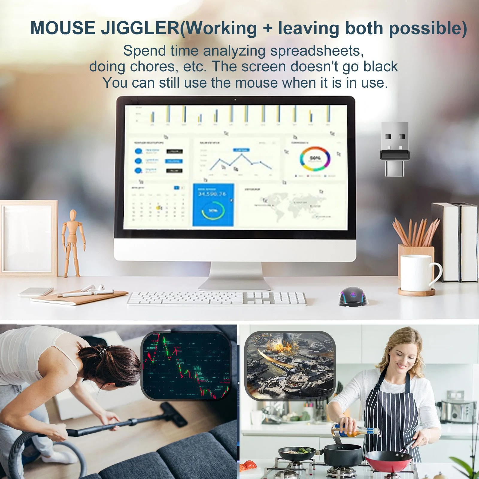 2 in 1 Mouse Jiggler Mover Wiggler Undetectable Shaker USB &usb c Port for Computer Laptop, Keeps PC Awake