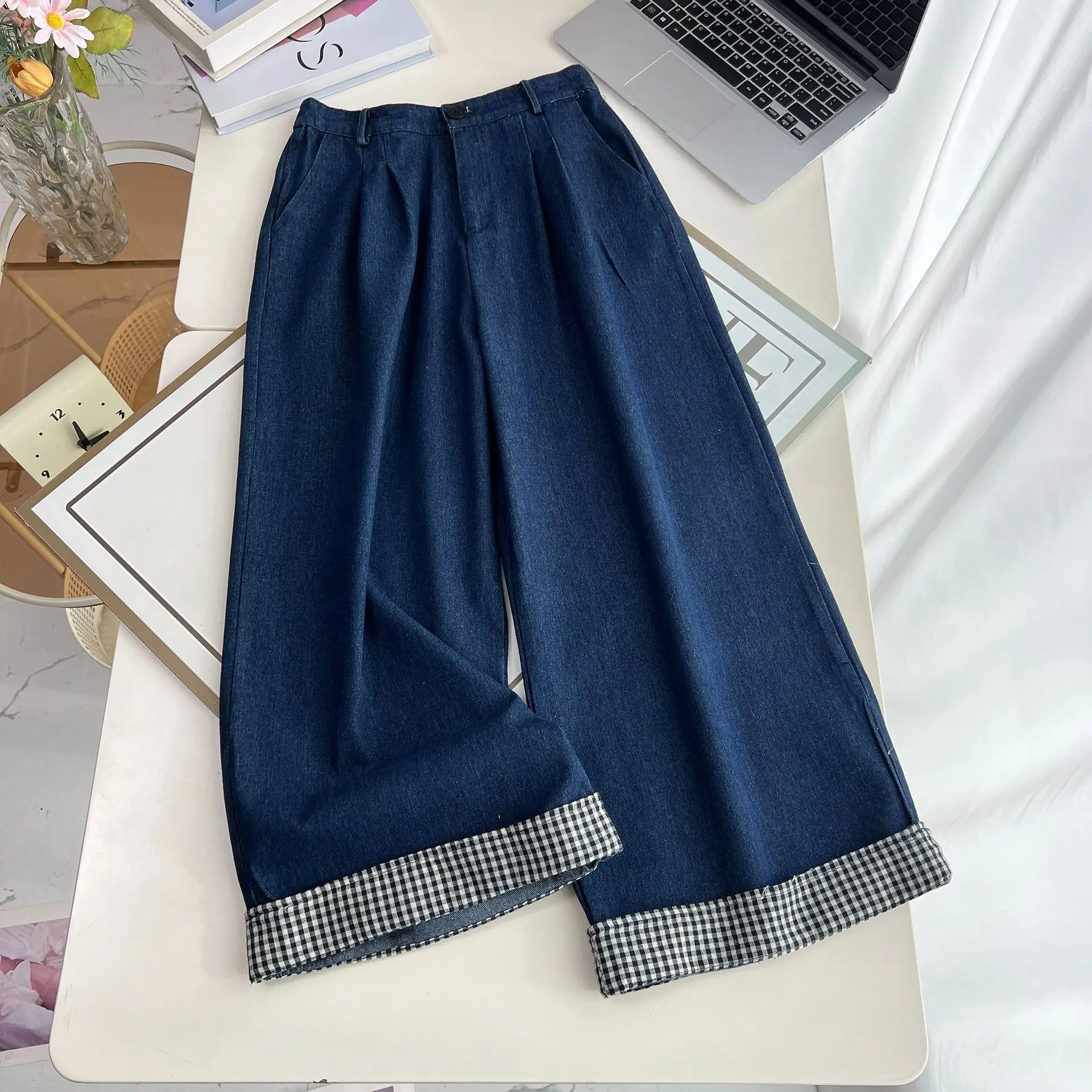 XXXXL Fashion Plus Size Women's Jeans New Plaid rolled-up Hem wide-leg Casual Denim Pants Autumn 1395