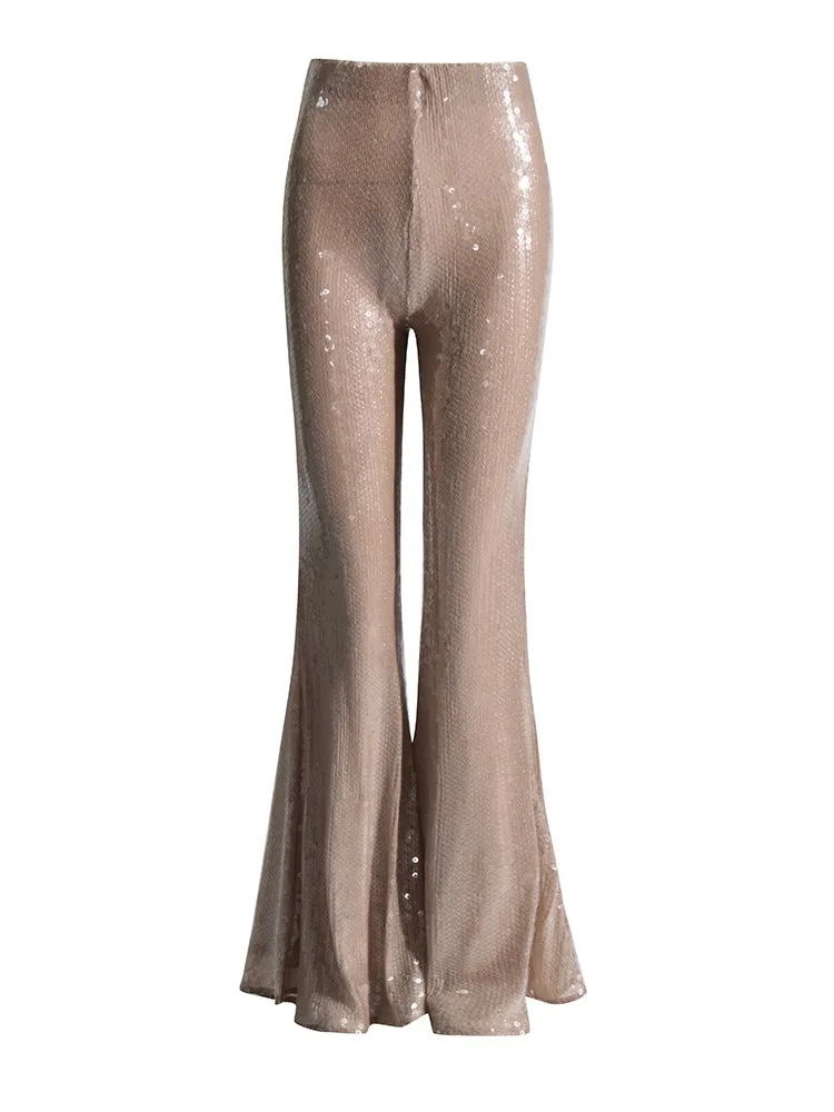 KBQ Patchwork Sequins Solid Flare Pants For Women High Waist Slimming Minimalist Floor Length Trousers Female Fashion Clothing