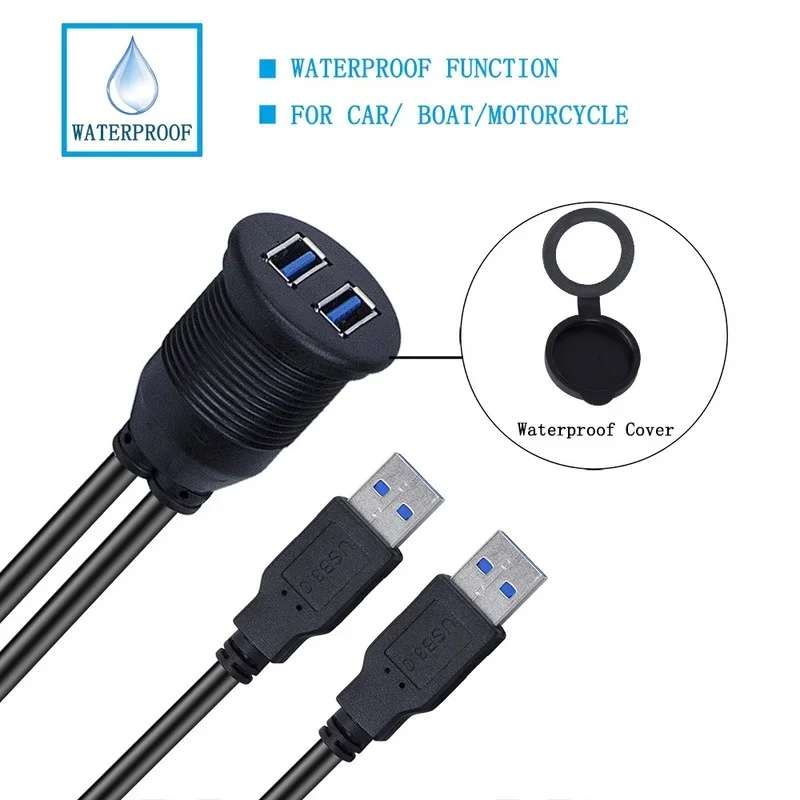 Dual Usb 3.0 Macho para Fêmea Cabo de Extensão Flush Mount Panel para Carro Caminhão Barco Motocicleta - Imagem 3