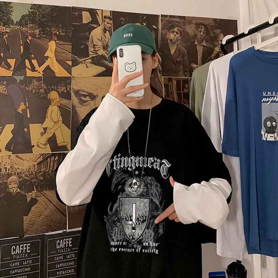 T shirt for men Anime Dark Cross Print Long Sleeve Tee men